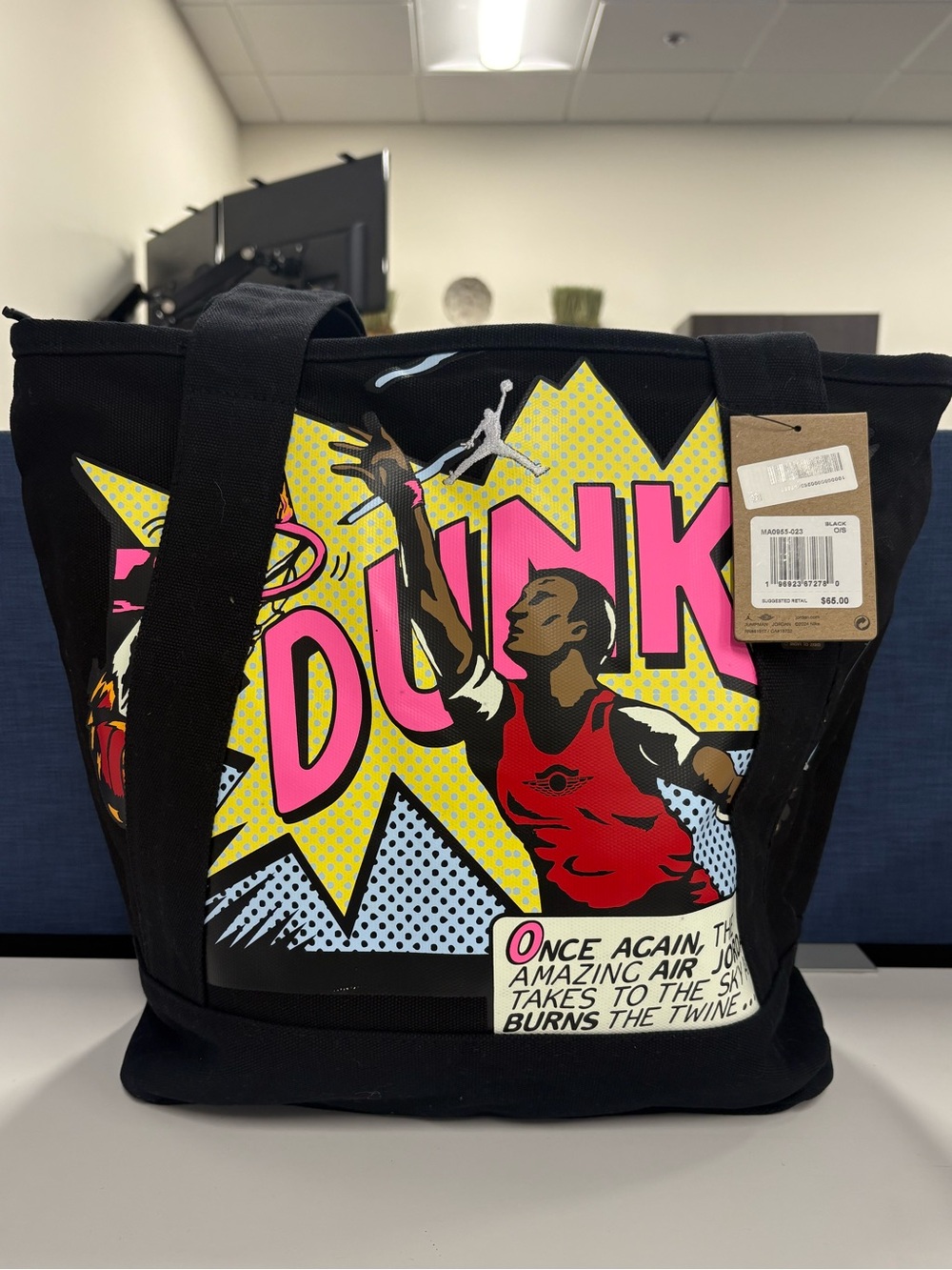 Jordan Black Canvas Tote with Pink & Yellow Pop-Art Dunk Graphic